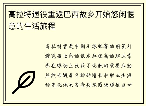 高拉特退役重返巴西故乡开始悠闲惬意的生活旅程 高拉特退役重返巴西故乡开始悠闲惬意的生活旅程